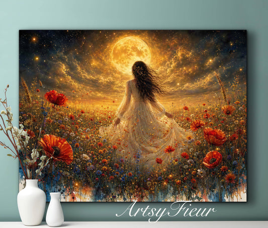 Framed Canvas - Vibrant poppies and wildflowers Whimsical Full Moon starry night sky Bride in Poppy Field, Wall Art Ready to hang original Artwork Print