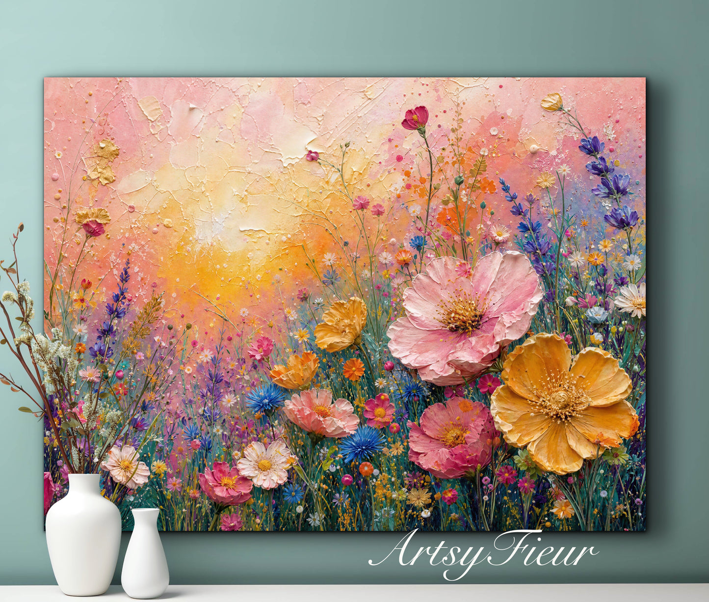 Framed Canvas Print- Vibrant Wildflowers Oil Painting Textured Wall Art , Beautiful Original Artwork Ready to Hang Living Room, Floral