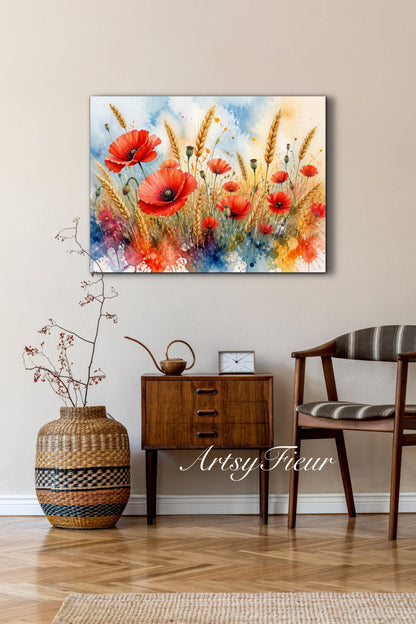 Framed Canvas Print- Vibrant Wildflowers and Poppies Oil Painting Textured Wall Art , Beautiful Original Artwork Ready to Hang Living Room, Floral