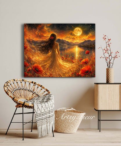 Framed Canvas - Vibrant poppies and wildflowers Whimsical Full Moon starry night sky Bride -Lady by the lake Wall Art Ready to hang original Artwork Print