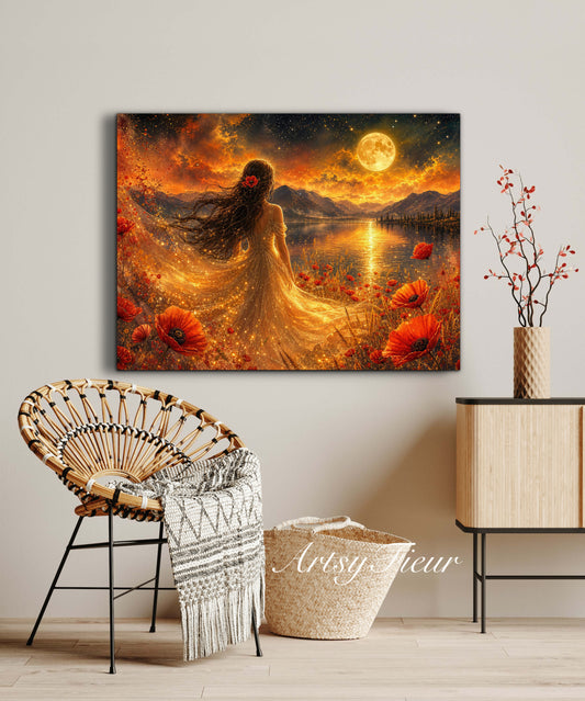 Framed Canvas - Vibrant poppies and wildflowers Whimsical Full Moon starry night sky Bride -Lady by the lake Wall Art Ready to hang original Artwork Print