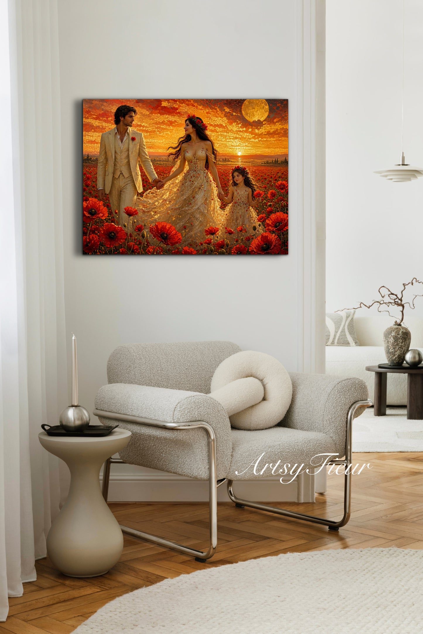 Framed Canvas Vibrant Poppies- Whimsical full moon fantasy oil painting Wedding celebration mother and daughter beautiful family portrait Original wall art print