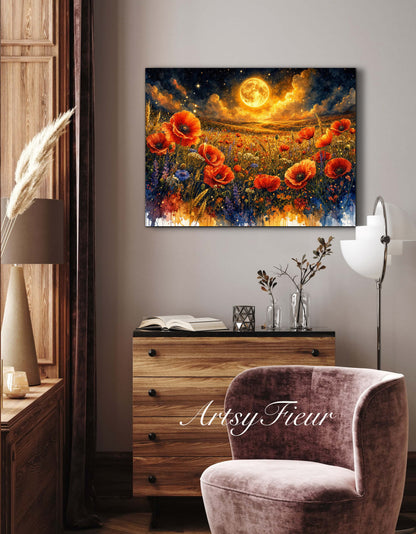 Framed Canvas Print- Vibrant Wildflowers and Poppies Oil Painting Textured Wall Art , Beautiful Original Artwork Ready to Hang Living Room, Floral