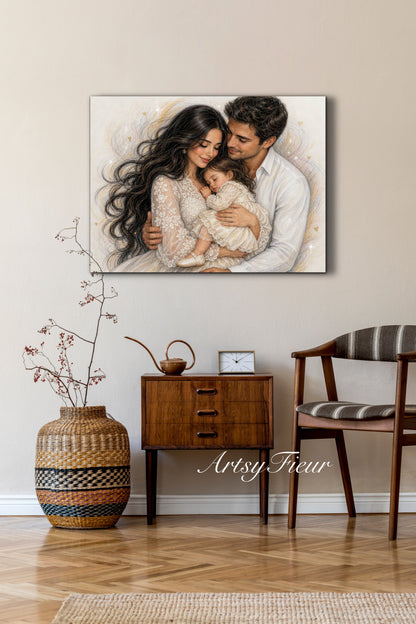 Framed Canvas- Vibrant Mother and Daughter Dad Family Portrait Fantasy Drawing Wall Art Print