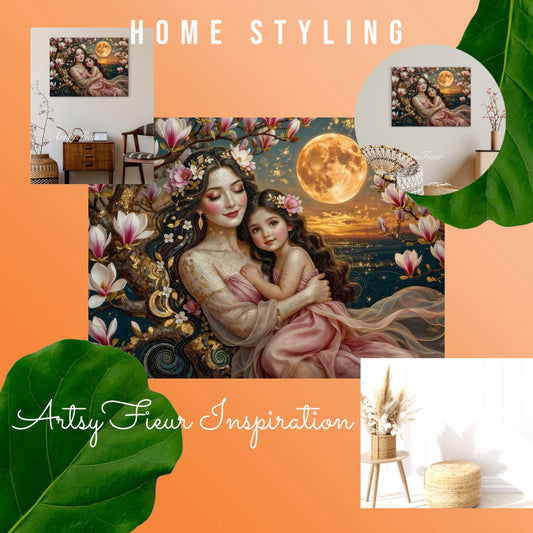 Framed Canvas- Vibrant Magnolia Flowers Mother and Daughter Portrait Original ArtworkFantasy Wall Art