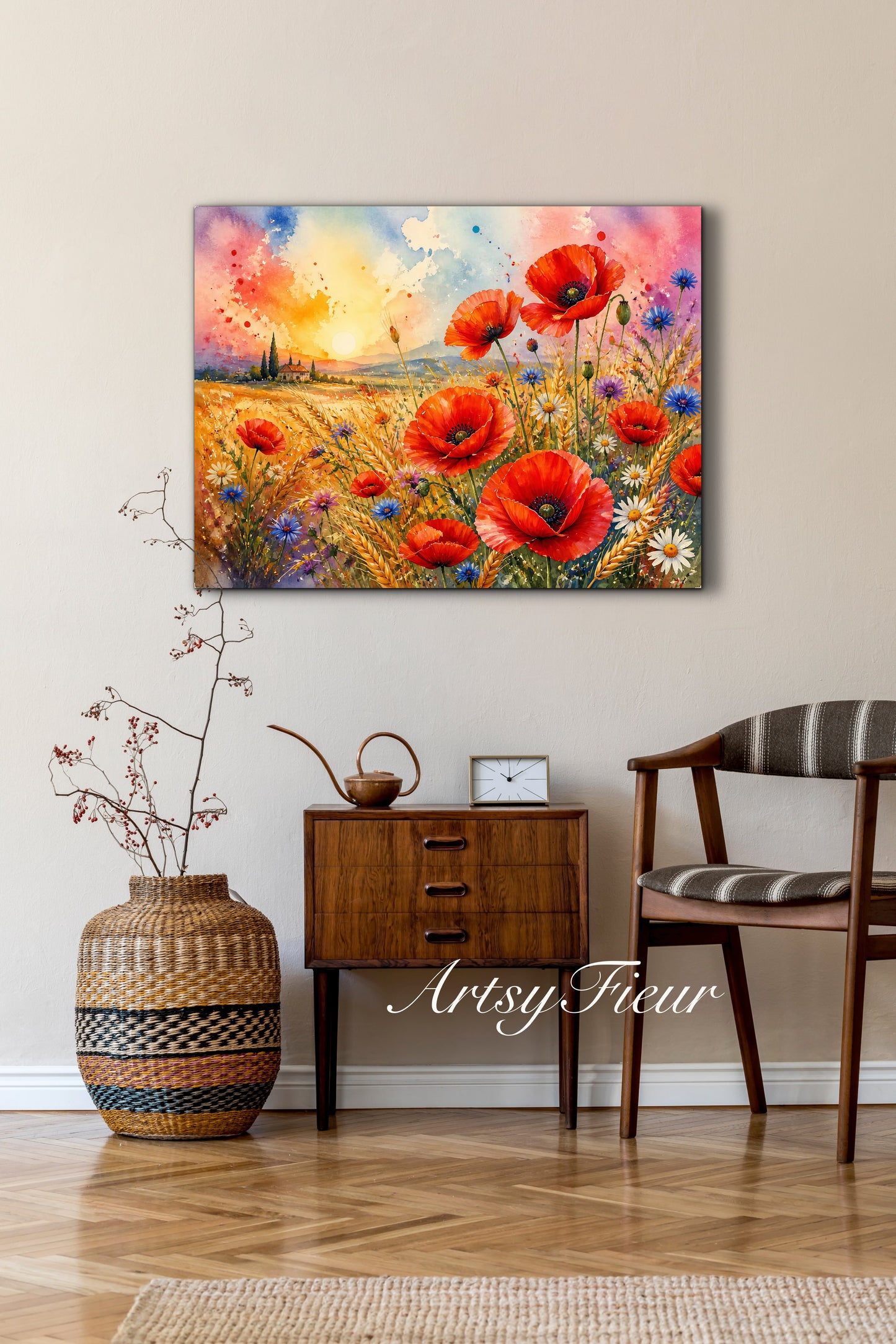 Framed Canvas Print- Vibrant Wildflowers and Poppies Oil Painting Textured Wall Art , Beautiful Original Artwork Ready to Hang Living Room, Floral