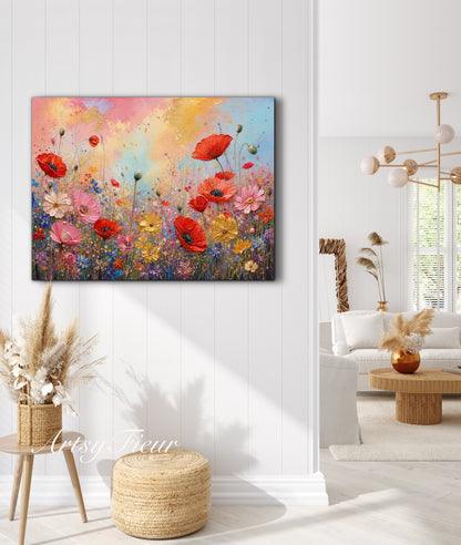 Framed canvas- ready to hand wall art print, beautiful vibrant colours watercolour fantasy painting wildflowers poppies floral landscape, unique gift, one of a kind original artwork