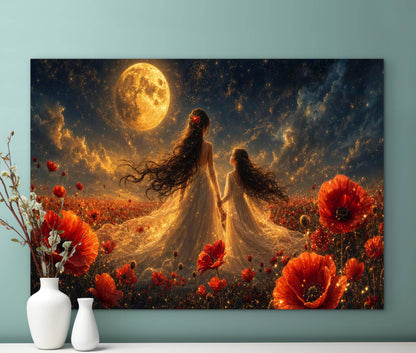 Framed Canvas- Vibrant Poppies Field Bride Mother and Daughter Portrait Whimsical Full Moon Sunset Fantasy Oil Painting Wall Art Print