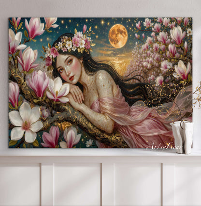 Framed Canvas- Vibrant Magnolia Flowers Beautiful Brunette Woman’s Abstract Portrait Mosaic Original Artwork Fantasy Wall Art Print
