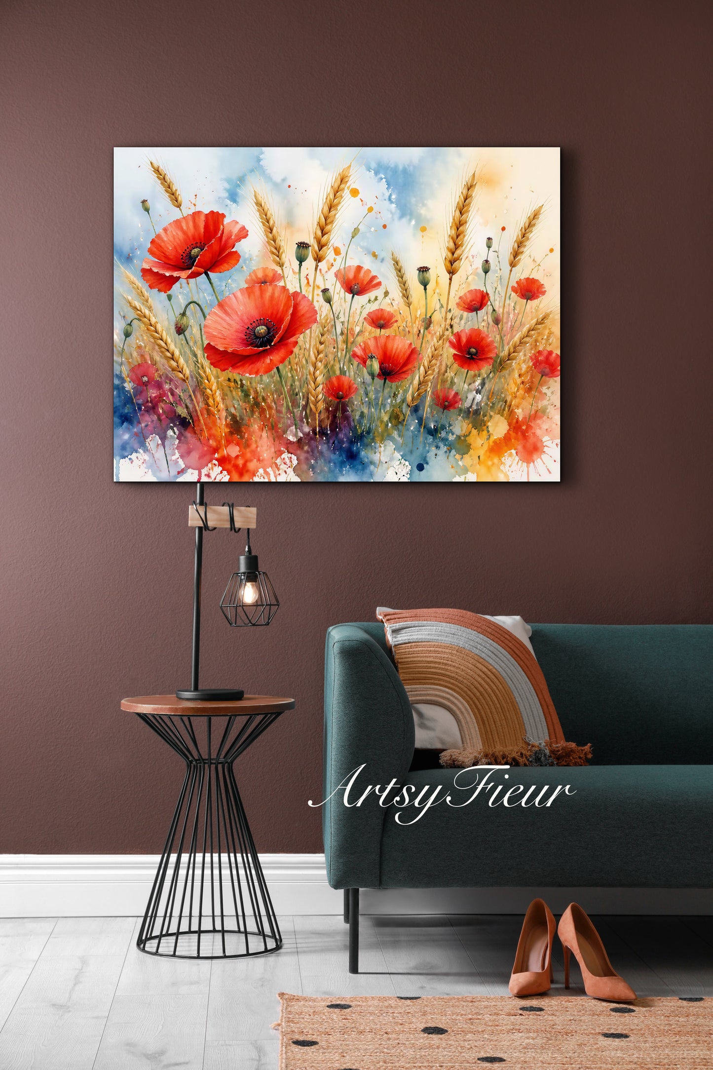 Framed Canvas Print- Vibrant Wildflowers and Poppies Oil Painting Textured Wall Art , Beautiful Original Artwork Ready to Hang Living Room, Floral