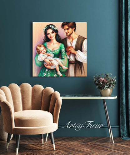 Framed canvas- ready to hang wall art print, colourful drawing abstract family portrait mother and daughter colourful drawing