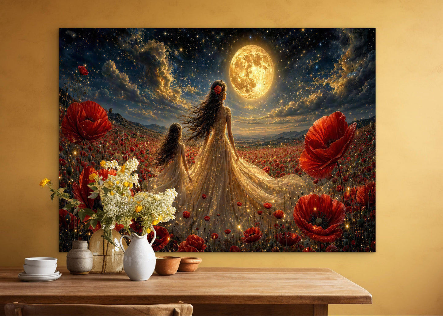 Framed Canvas- Vibrant Poppies Field Bride Mother and Daughter Portrait Whimsical Full Moon Sunset Fantasy Oil Painting Wall Art Print