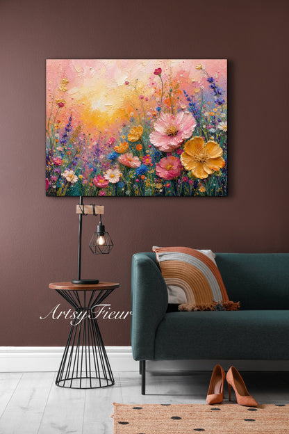 Framed Canvas Print- Vibrant Wildflowers Oil Painting Textured Wall Art , Beautiful Original Artwork Ready to Hang Living Room, Floral