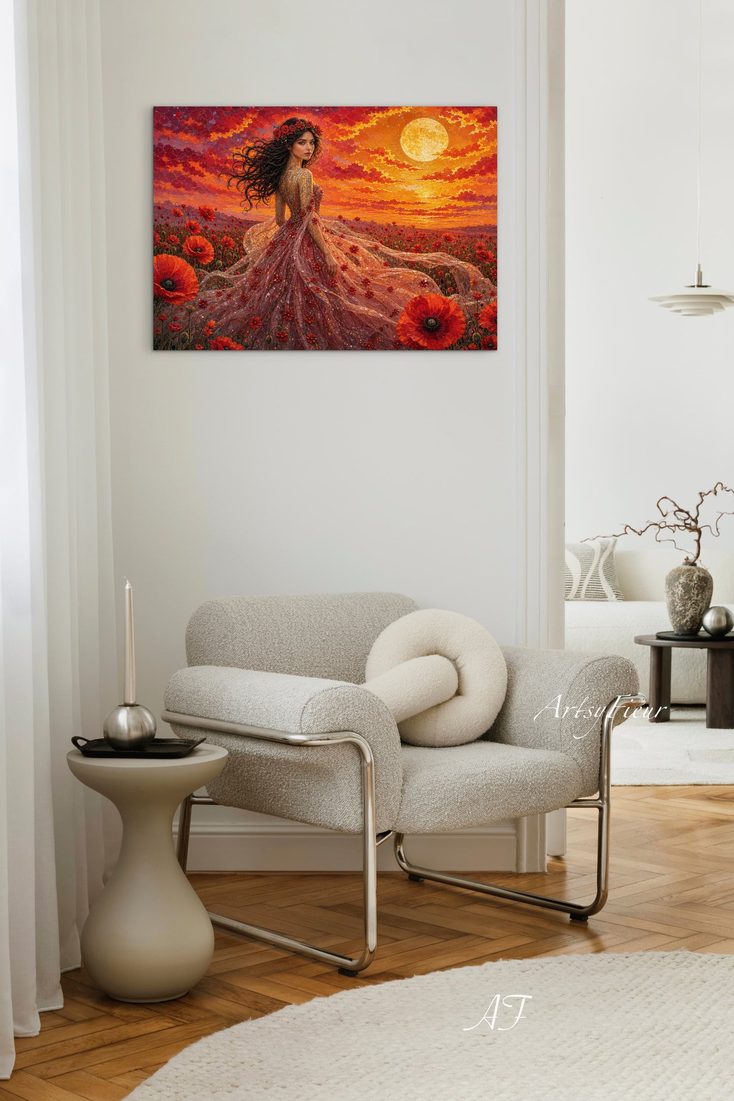 Framed Canvas - Vibrant Poppies Whimsical Full Moon Bride in Poppy Field, Wall Art Ready to hang Oil Painting Original Artwork Print