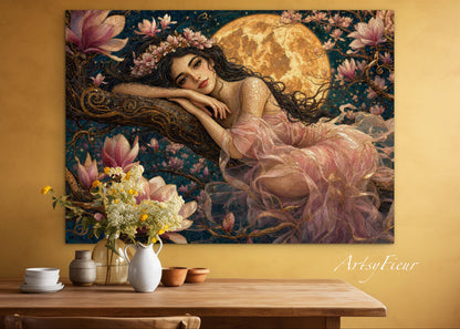 Framed Canvas- Vibrant Magnolia Flowers Beautiful Tinkerbell Woman’s Abstract Portrait Mosaic Original Artwork Fantasy Wall Art Print