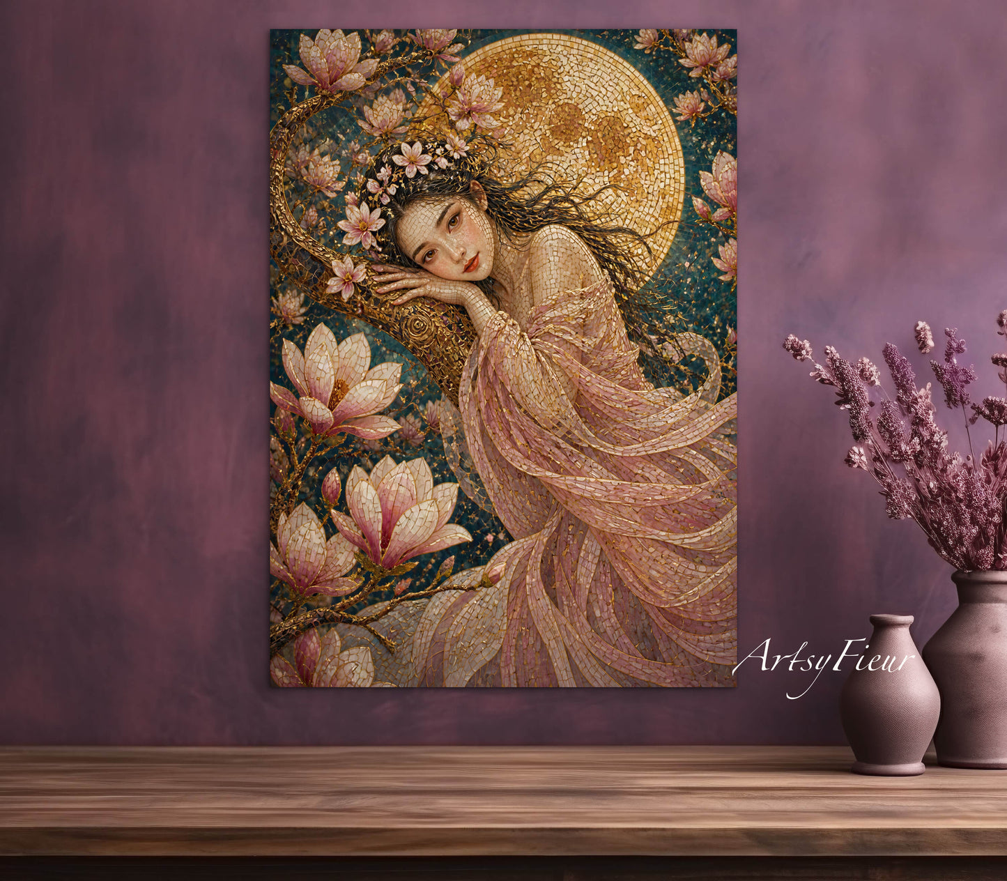 Framed canvas- Abstract Portrait Mosaic Fairy Beautiful Brunette Woman Vibrant Magnolia Flowers Fantasy Wall Art Print