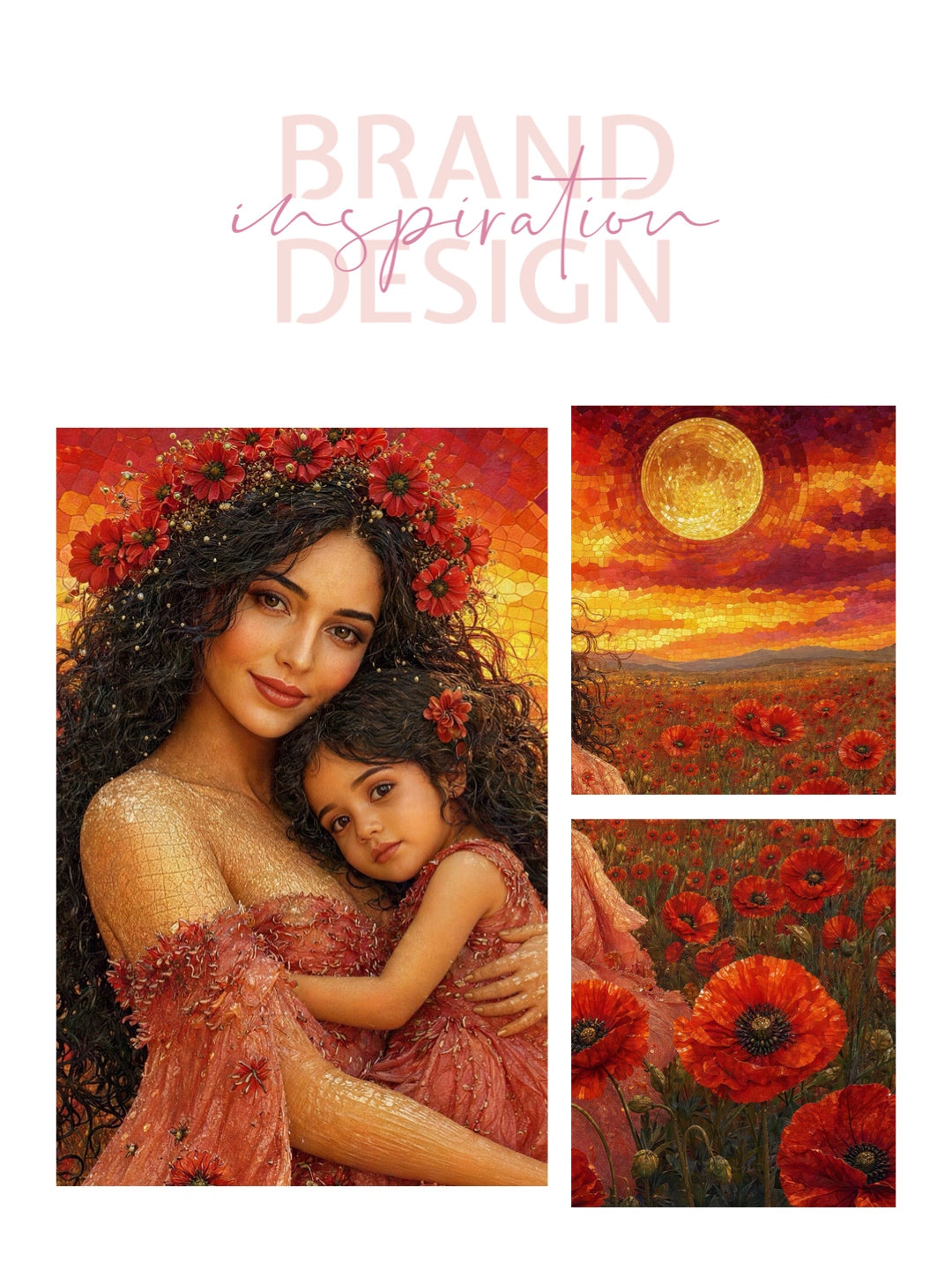 Framed Canvas- Vibrant Poppies Field Mother and Daughter Portrait Whimsical Full Moon Sunset Fantasy Oil Painting Wall Art Print