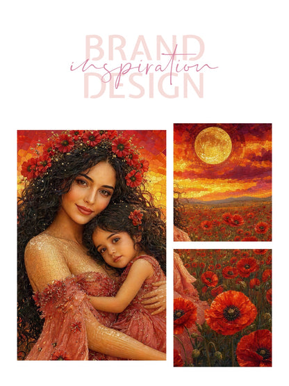 Framed Canvas- Vibrant Poppies Field Mother and Daughter Portrait Whimsical Full Moon Sunset Fantasy Oil Painting Wall Art Print