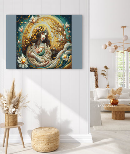 Framed Canvas- Vibrant Magnolia Flowers Mother and Daughter Portrait Original ArtworkFantasy Wall Art