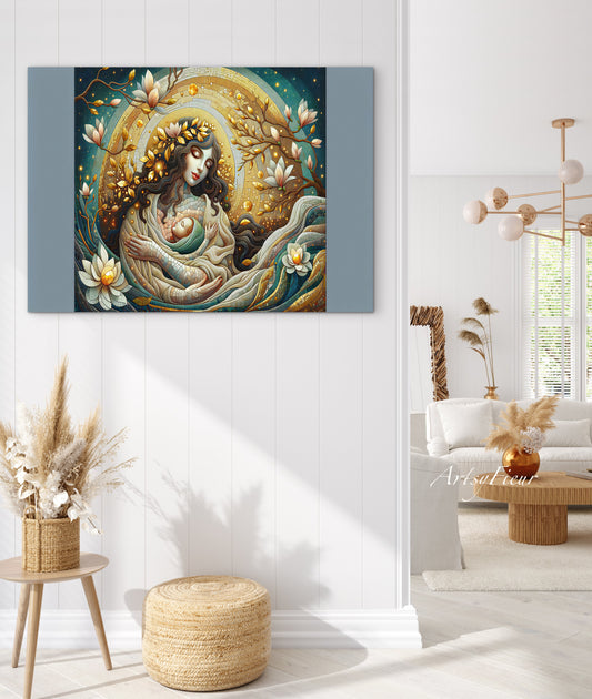 Framed Canvas- Vibrant Magnolia Flowers Mother and Daughter Portrait Original ArtworkFantasy Wall Art