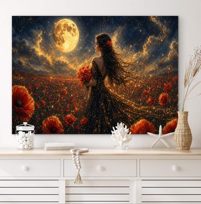 Framed Canvas - Vibrant Poppies Whimsical Full Moon Bride in Poppy Field, Wall Art Ready to hang Oil Painting Original Artwork Print Black Wedding Dress