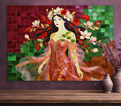 Framed Canvas- Vibrant Magnolia Flowers Beautiful Brunette Woman’s Abstract Portrait Mosaic Original Artwork Fantasy Wall Art Print Mother Nature