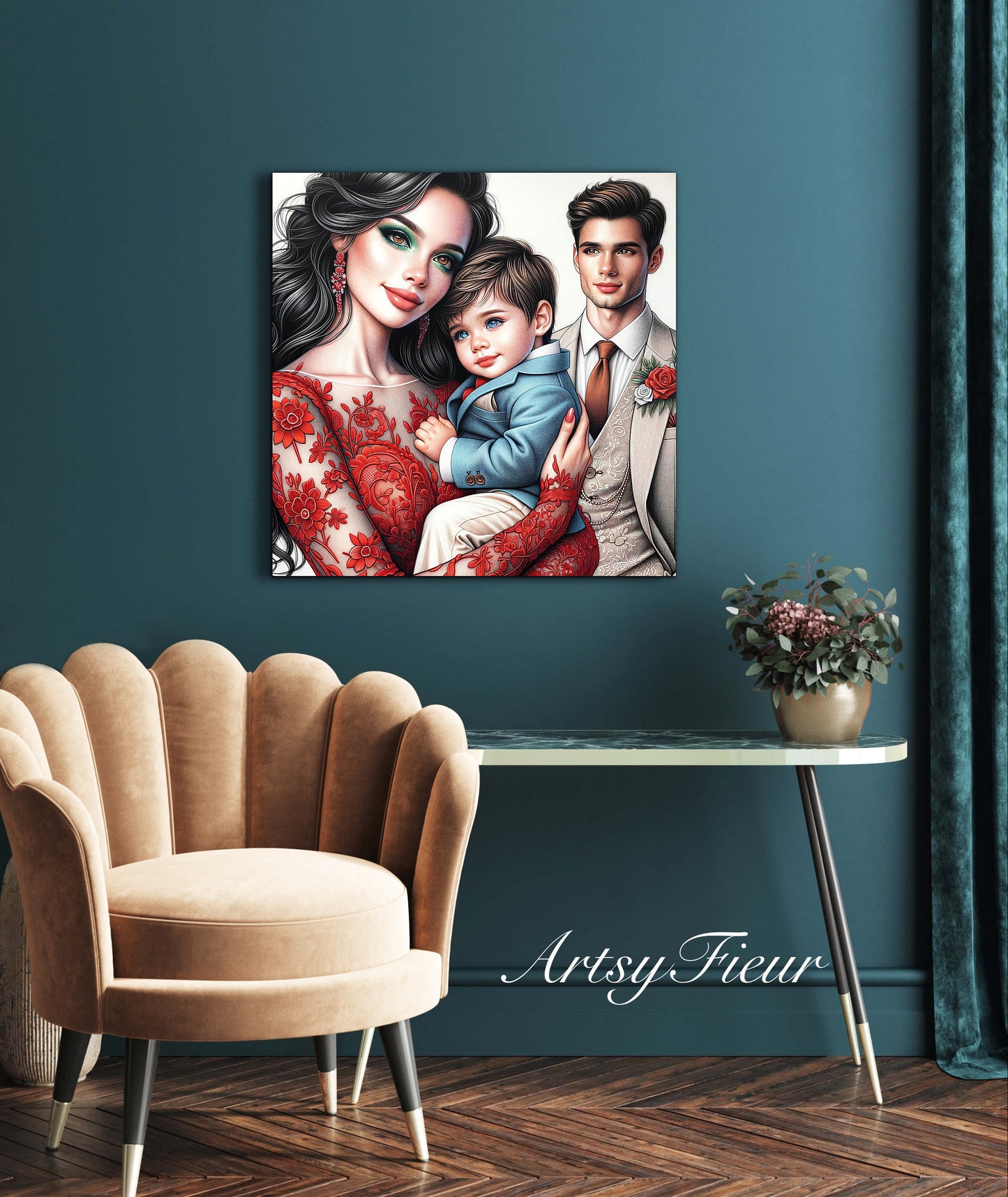 Framed canvas- ready to hang wall art print, colourful drawing abstract family portrait mother and son colourful drawing