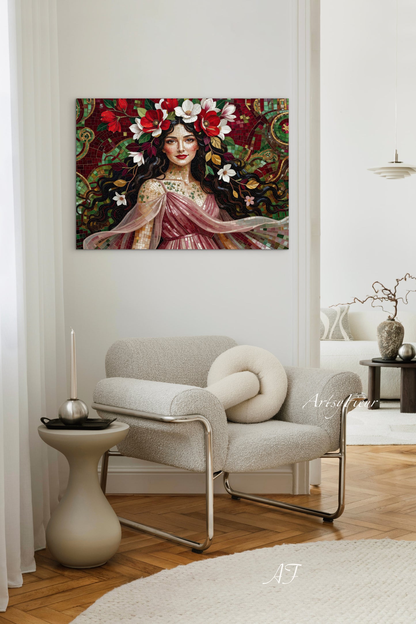 Framed Canvas- Vibrant Magnolia Flowers Beautiful Brunette Woman’s Abstract Portrait Mosaic Original Artwork Fantasy Wall Art Print Mother Nature