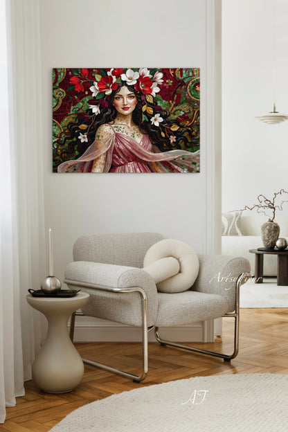 Framed Canvas- Vibrant Magnolia Flowers Beautiful Brunette Woman’s Abstract Portrait Mosaic Original Artwork Fantasy Wall Art Print Mother Nature