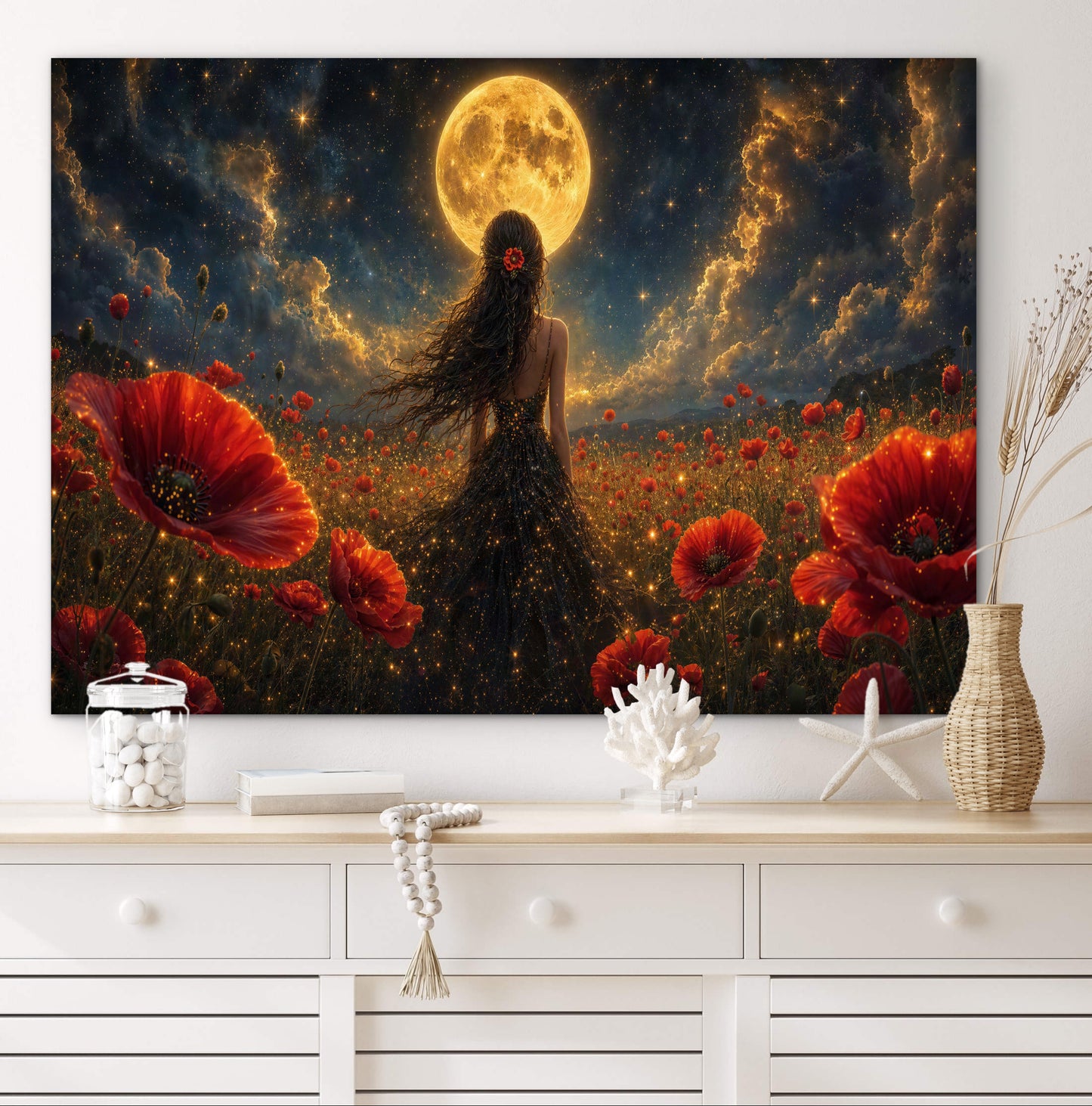 Framed Canvas - Vibrant Poppies Whimsical Full Moon Bride in Poppy Field, Wall Art Ready to hang Oil Painting Original Artwork Print Black Wedding Dress