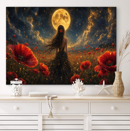 Framed Canvas - Vibrant Poppies Whimsical Full Moon Bride in Poppy Field, Wall Art Ready to hang Oil Painting Original Artwork Print Black Wedding Dress