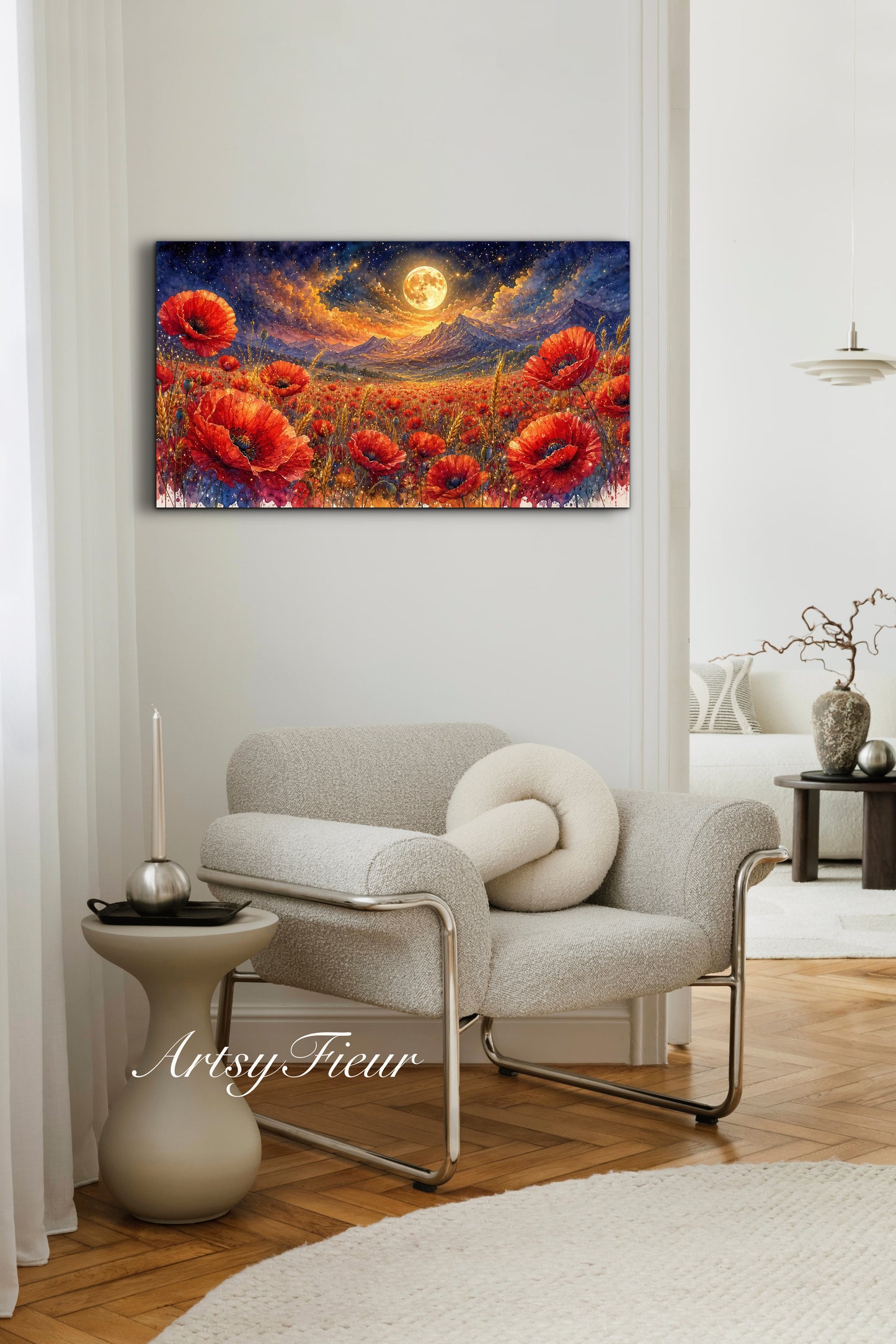 ArtsyFieur Framed Canvas - vibrant poppies whimsical lights full moon living room colourful wall art