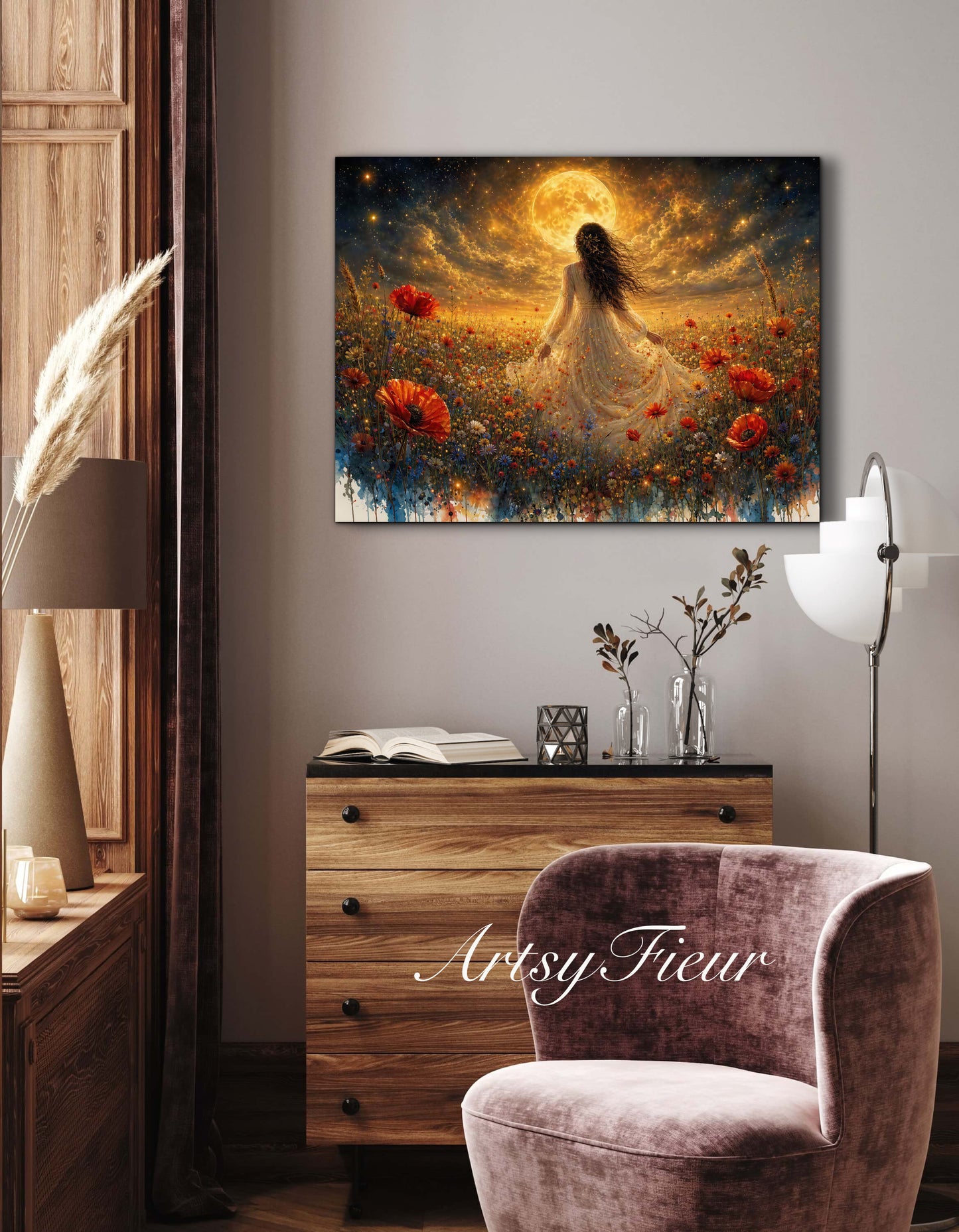 Framed Canvas - Vibrant poppies and wildflowers Whimsical Full Moon starry night sky Bride in Poppy Field, Wall Art Ready to hang original Artwork Print