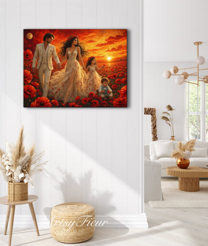 Framed Canvas- Vibrant Poppies Field Bride Groom Mother Daughter and Baby boy Portrait Whimsical Full Moon Sunset Fantasy Oil Painting Wall Art Print