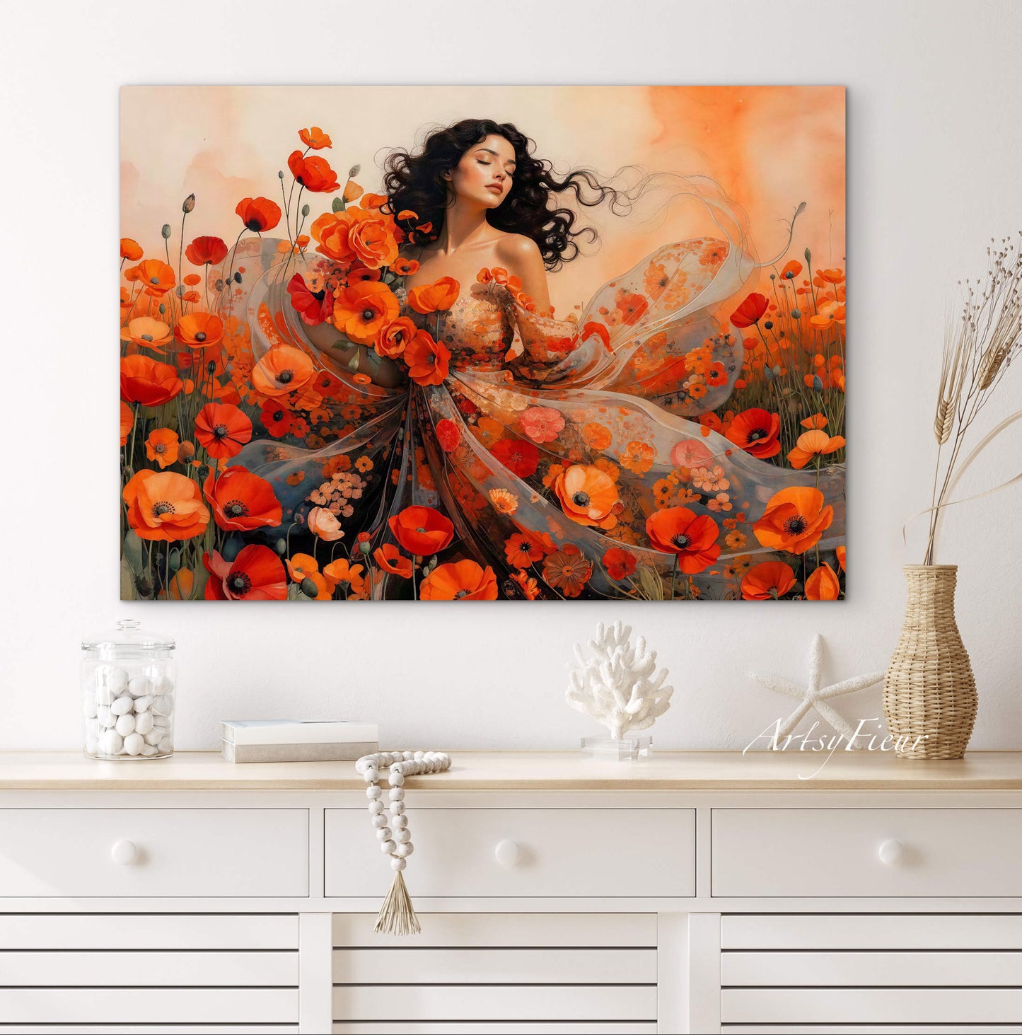 Framed Canvas - Vibrant Poppies Whimsical Full Moon Beautiful Brunette Woman in the Poppy Field, Wall Art Ready to hang Oil Painting Original Artwork Print