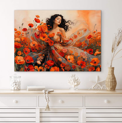 Framed Canvas - Vibrant Poppies Whimsical Full Moon Beautiful Brunette Woman in the Poppy Field, Wall Art Ready to hang Oil Painting Original Artwork Print