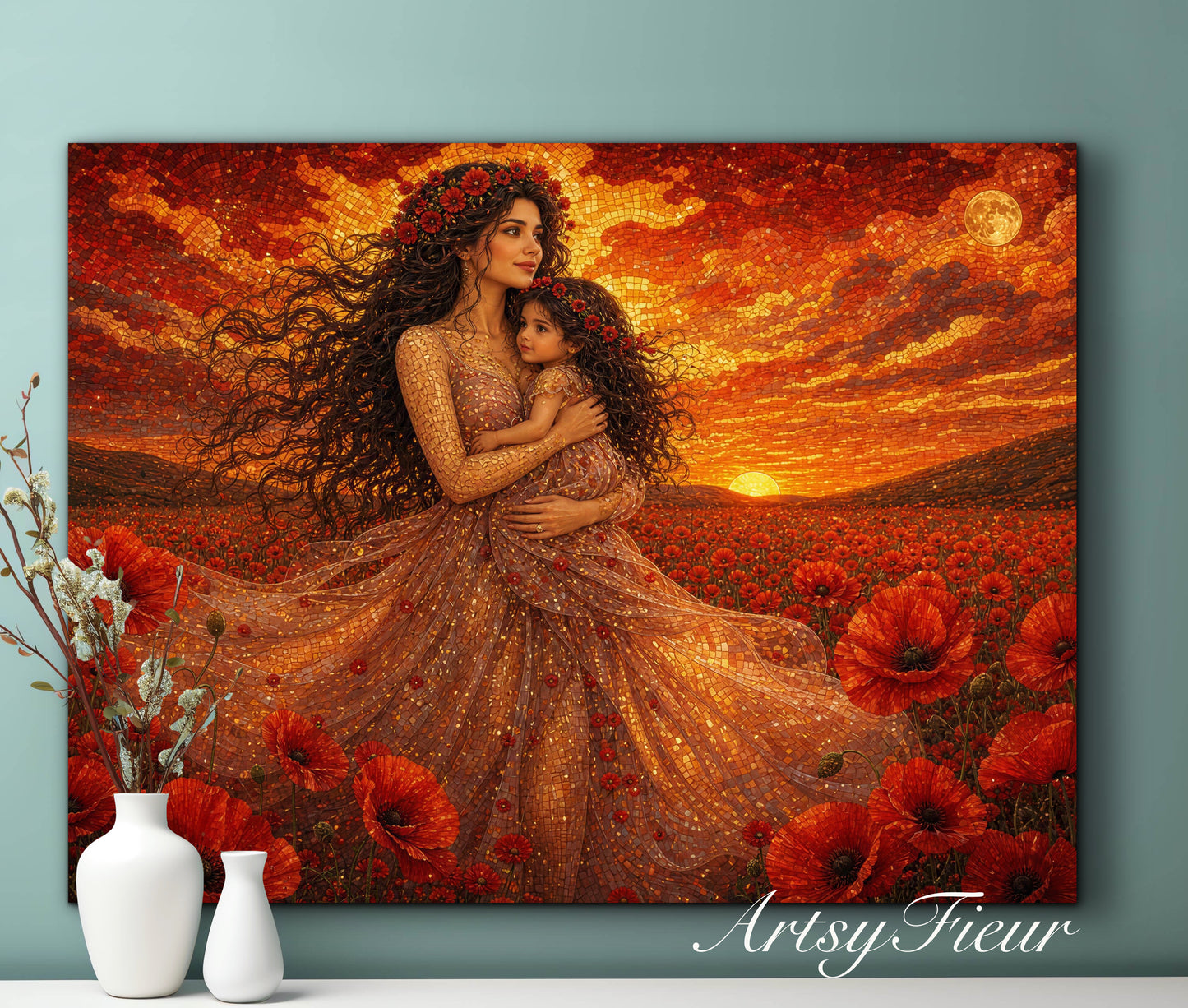 Framed Canvas- Vibrant Poppies Field Mother and Daughter Portrait Whimsical Full Moon Sunset Fantasy Oil Painting Wall Art Print