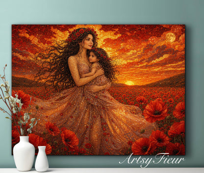 Framed Canvas- Vibrant Poppies Field Mother and Daughter Portrait Whimsical Full Moon Sunset Fantasy Oil Painting Wall Art Print