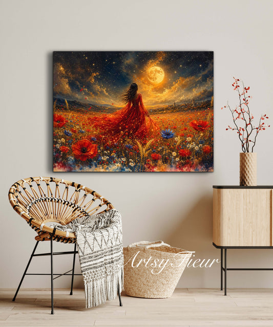 Framed Canvas - Vibrant poppies and wildflowers Whimsical Full Moon starry night sky Bride in Poppy Field, Wall Art Ready to hang original Artwork Print Red Dress