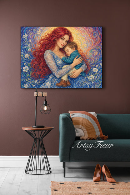 Framed canvas- ready to hang wall art print, vibrant colours crayon drawing abstract portrait mother and son, mother and baby boy, dark hair beautiful red hair woman , mothers day gilt, unique original artwork