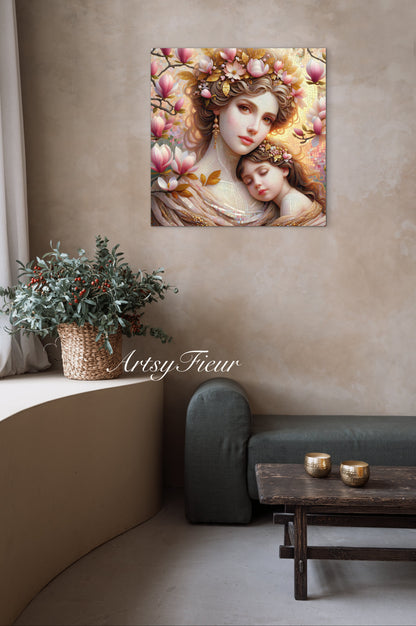 Framed canvas- ready to hang wall art print, abstract mother and daughter portrait Mosaic
