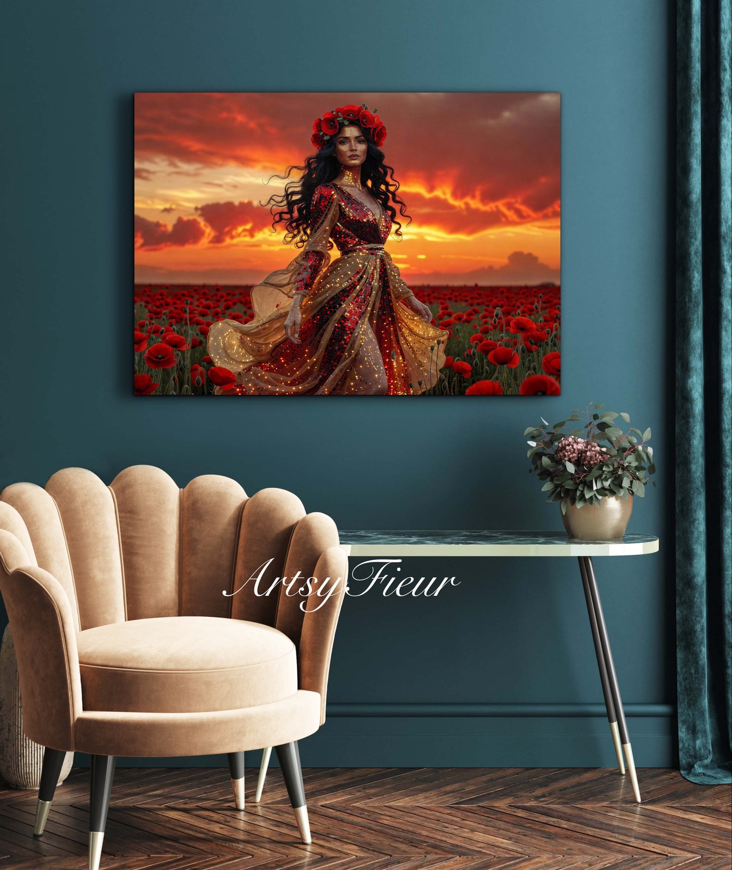 Framed Canvas - Vibrant Poppies Whimsical Sunset Beautiful Brunette in Poppy Field, Wall Art Ready to hang Oil Painting Original Artwork Print