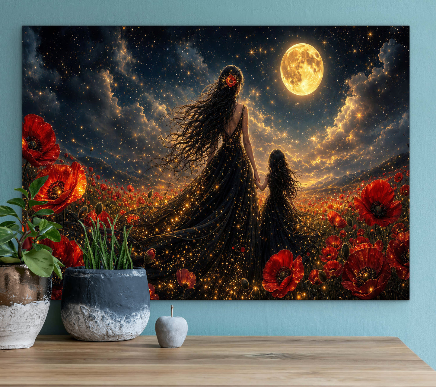 Framed Canvas- Vibrant Poppies Field Mother and Daughter Portrait Whimsical Full Moon Sunset Fantasy Oil Painting Wall Art Print