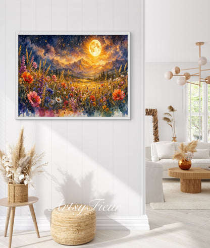 Framed canvas- vibrant full moon starry night sky colourful wildflowers floral wall art living room