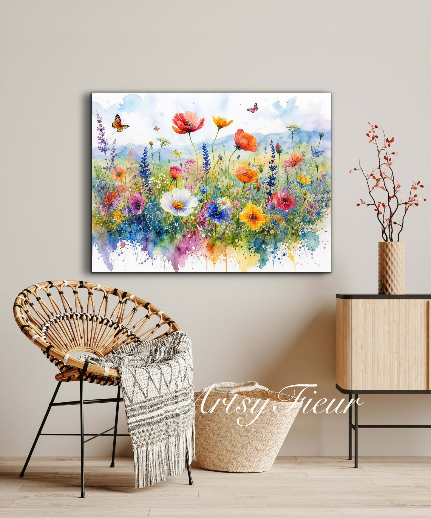 Framed canvas- ready to hang wall art print, beautiful vibrant colours watercolour fantasy painting wildflowers ,floral landscape, unique gift, one of a kind original artwork