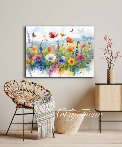 Framed canvas- ready to hang wall art print, beautiful vibrant colours watercolour fantasy painting wildflowers ,floral landscape, unique gift, one of a kind original artwork