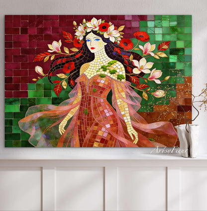 Framed Canvas- Vibrant Magnolia Flowers Beautiful Brunette Woman’s Abstract Portrait Mosaic Original Artwork Fantasy Wall Art Print Mother Nature