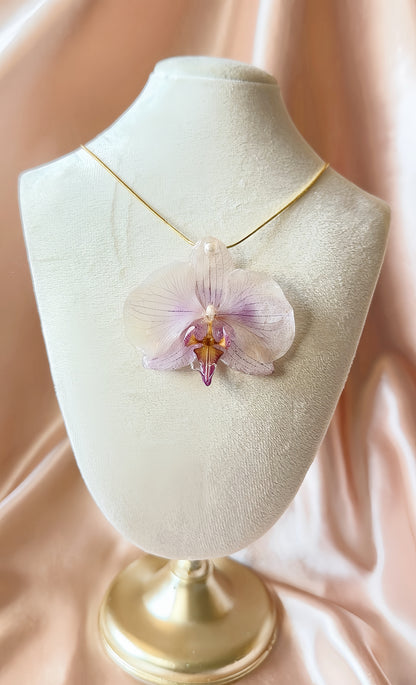*REAL FLOWER Orchid Necklace Preserved Flower Pendant in Resin 3D White Purple Striped Orchid Pearl Smooth Snake Chain