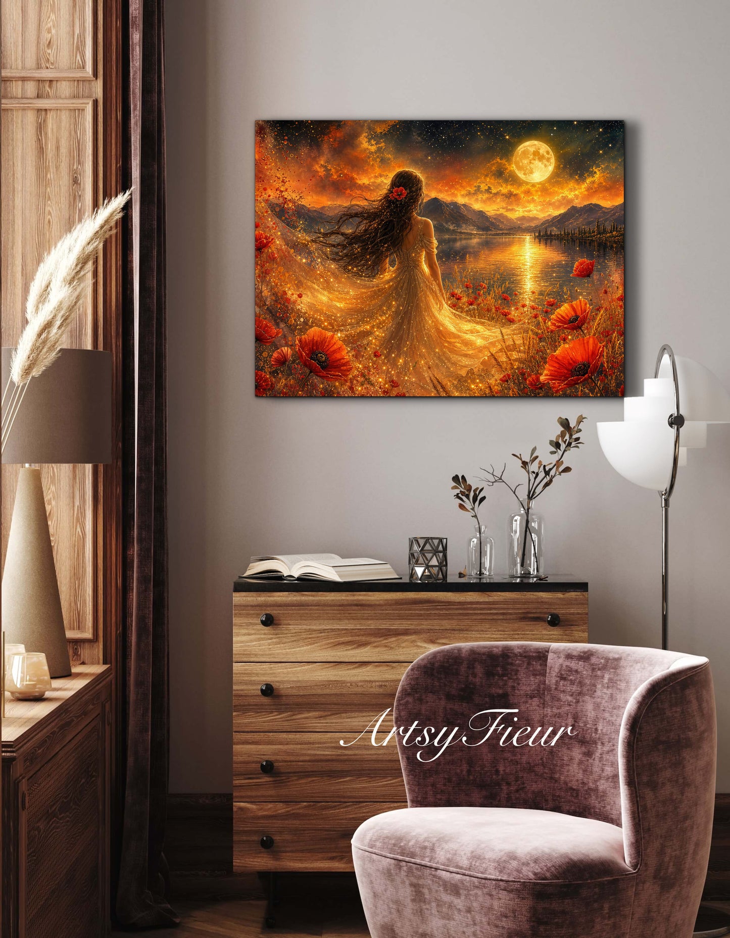 Framed Canvas - Vibrant poppies and wildflowers Whimsical Full Moon starry night sky Bride -Lady by the lake Wall Art Ready to hang original Artwork Print