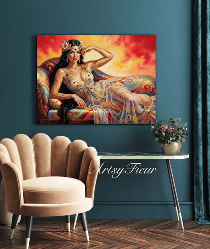 Framed canvas Beautiful Brunette on colourful sofa vibrant wall art abstract portrait, vibrant colours fantasy watercolour painting Ready to Hang Living Room Wall Art Print